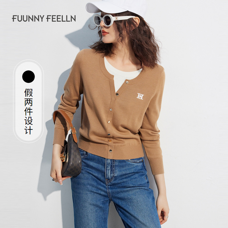 FF||仿佛秋季新款羊毛衫女假两件开衫V领薄款简约FZ01080E5