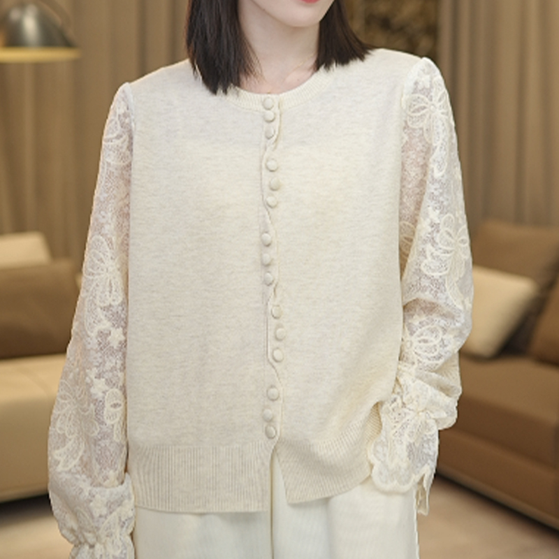 MYS-XY28178春季新款蕾丝袖设计款纽扣洋气款女装针织衫