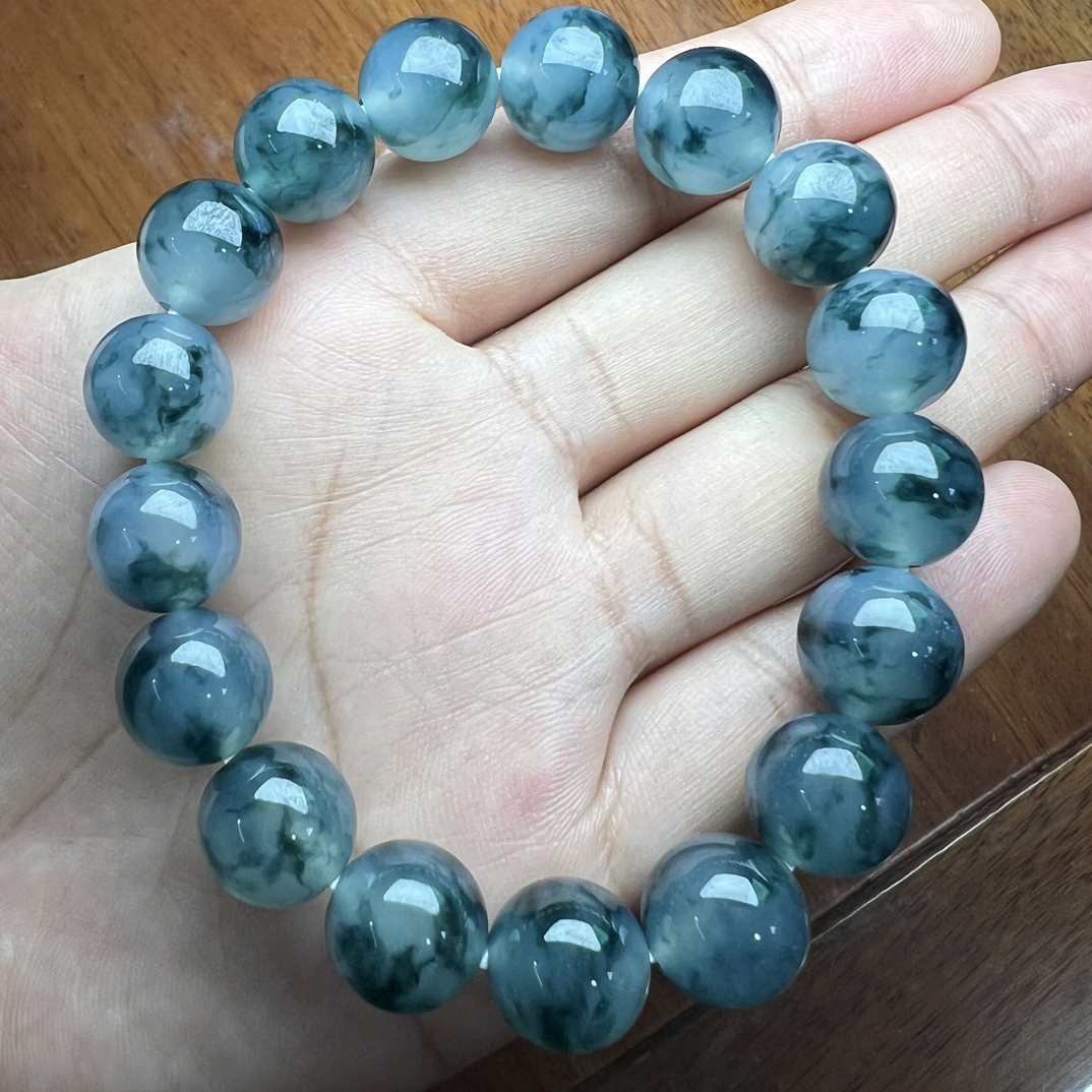 缅甸翡翠A货糯冰种飘花男士手链12.5mm17颗 适合150斤左右