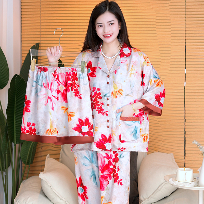 三件套可外穿春夏天优雅复古风女士宽松大码冰雪软丝家居服睡衣