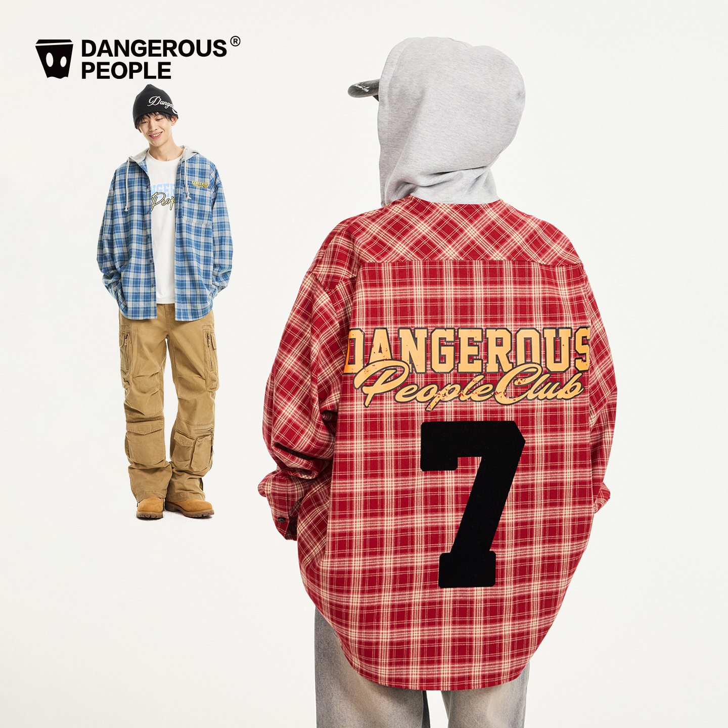 Dangerouspeople薛之谦dsp复古廓形校园风格子磨毛连帽衬衫外套