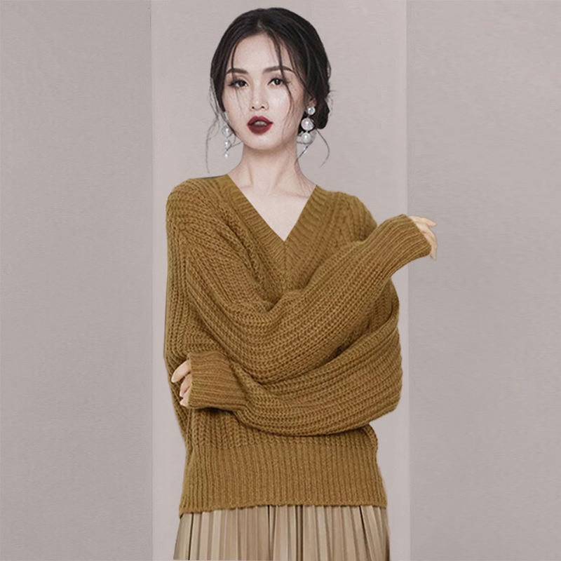 气质V领棕色毛衣女春季2025年新款修身打底针织衫上衣