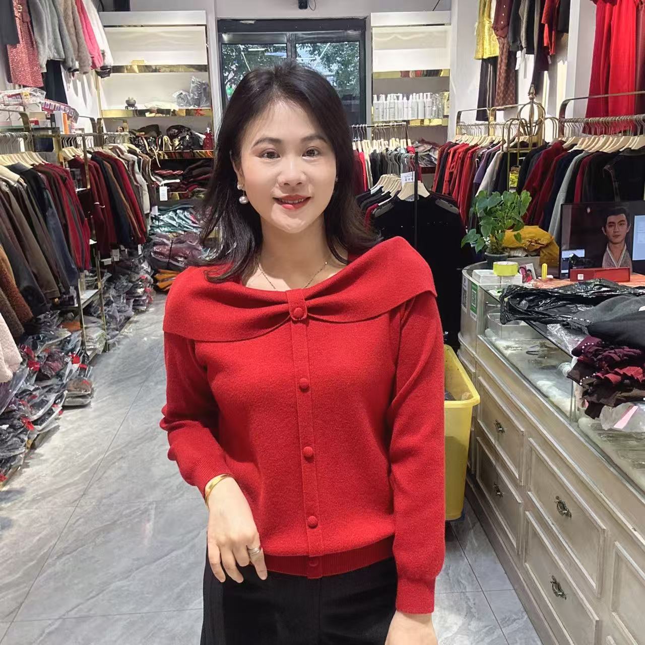 5～6320蝴蝶结装饰针织毛衣长57公分