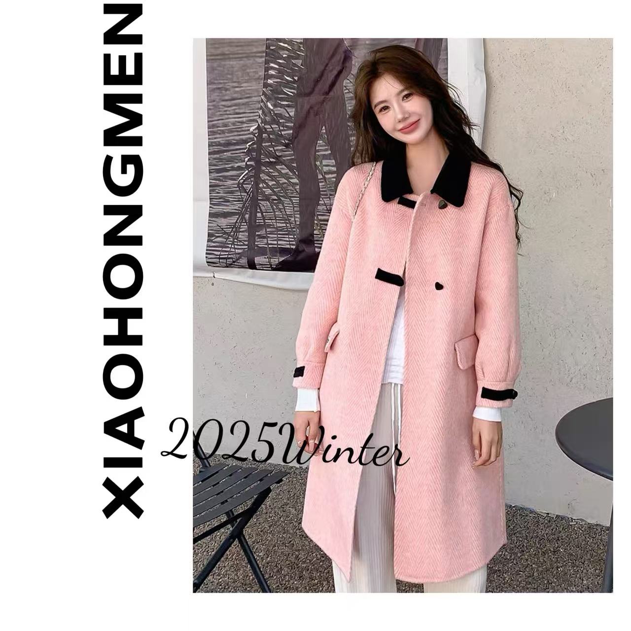 B929 100%羊毛2025冬季长款拼色爱心扣气质显瘦百搭加厚羊毛大衣