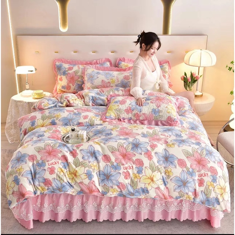 【牛奶绒床盖四件套】双层蕾丝防静电防滑不掉毛加厚加密保暖柔软