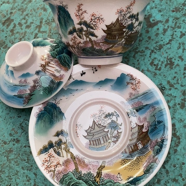 摆件陶红稀土青绿山水盖碗