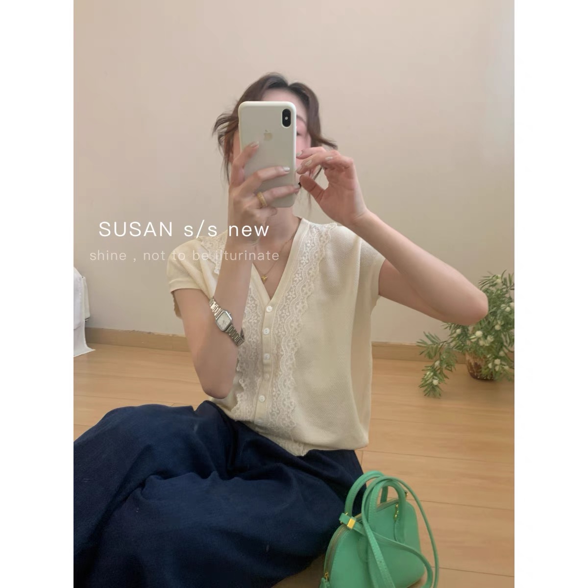 /蕾丝花/法式拼色针织开衫女夏季宽松设计感气质短袖上衣93237