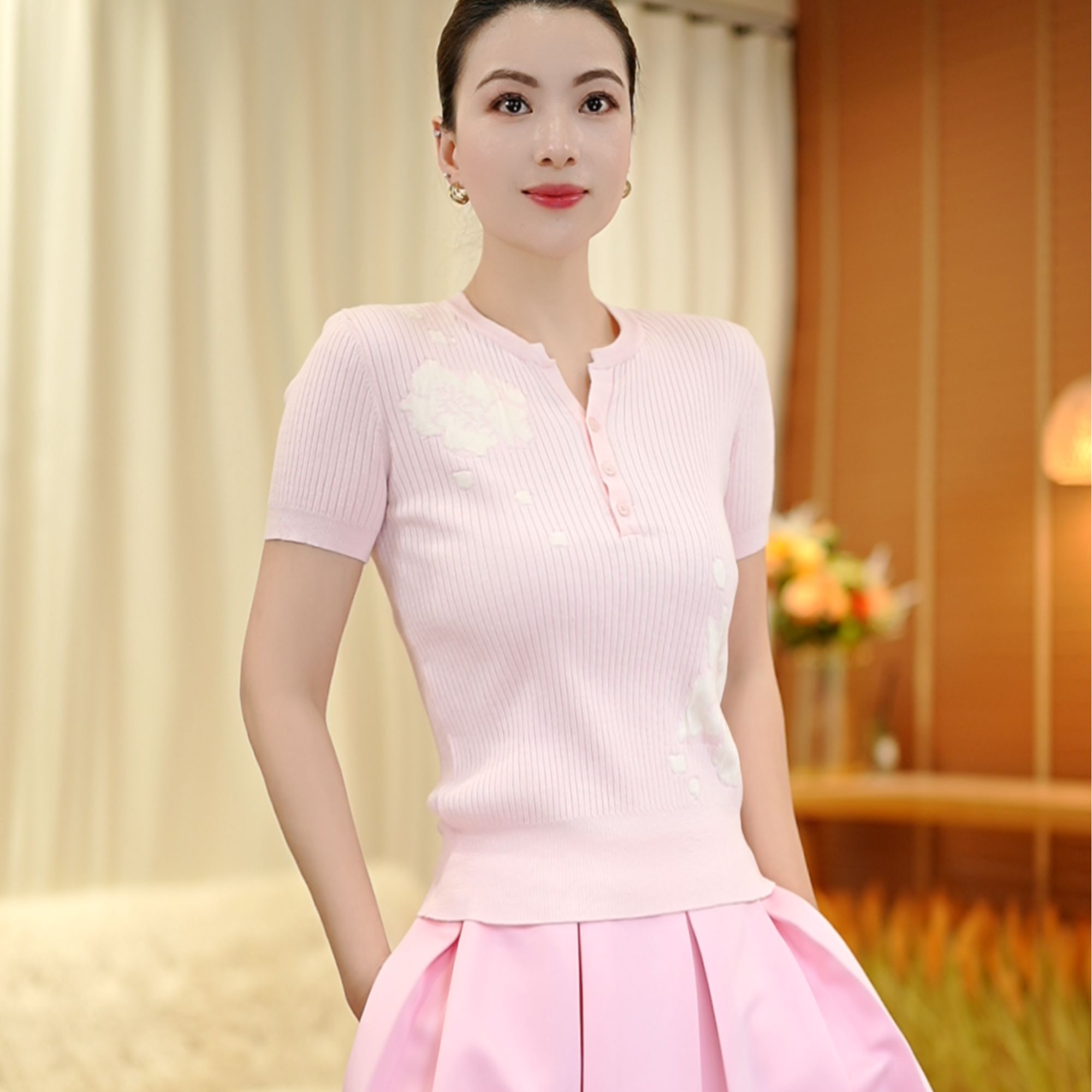 夏季新款提花新品毛织上衣短袖气质优雅百搭