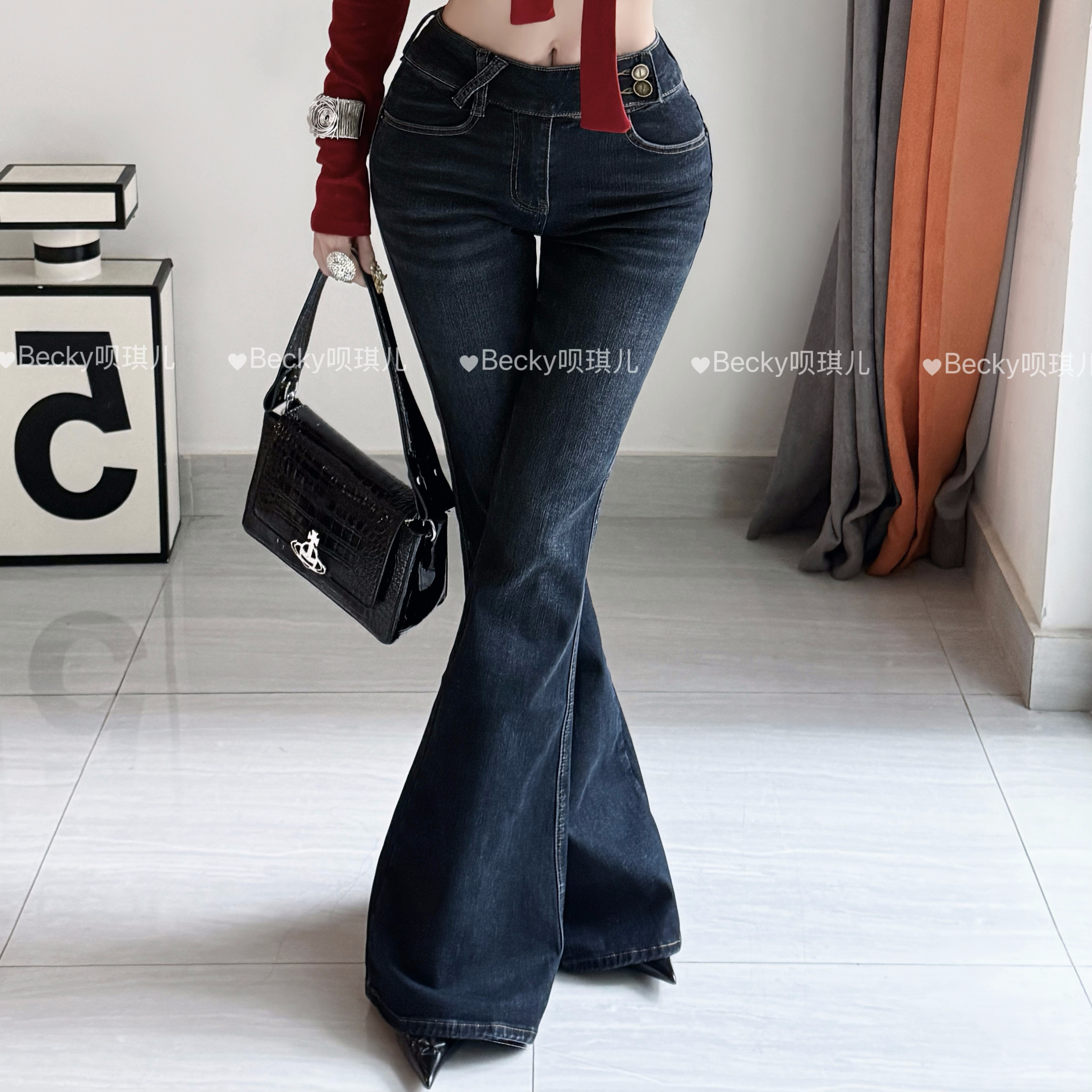 Velvet Bear ♕ 美式复古薄绒中腰喇叭拖地修身提臀美腿牛仔裤