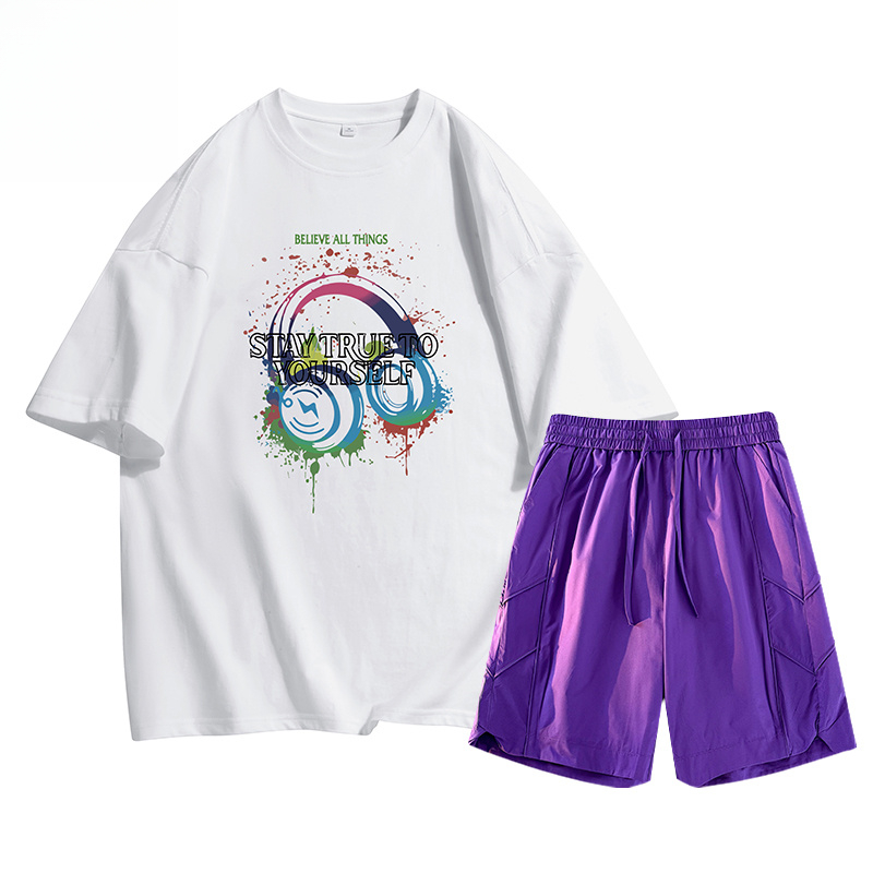 Aloxadoer夏季新款港风潮流T恤情侣百搭短裤男女同款休闲套装男潮
