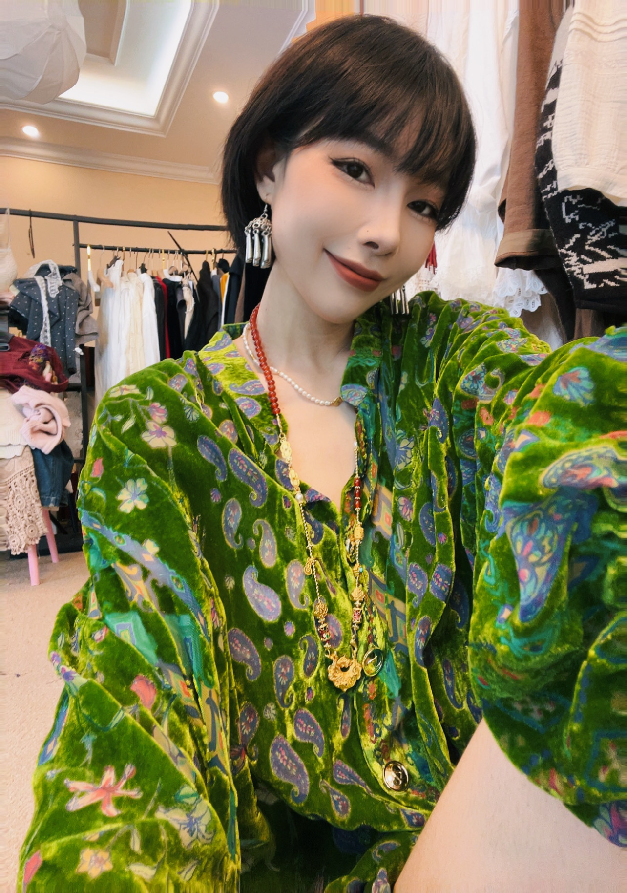 复愫街 新中式丝绒烧花衬衫国风盘扣复古气质上衣