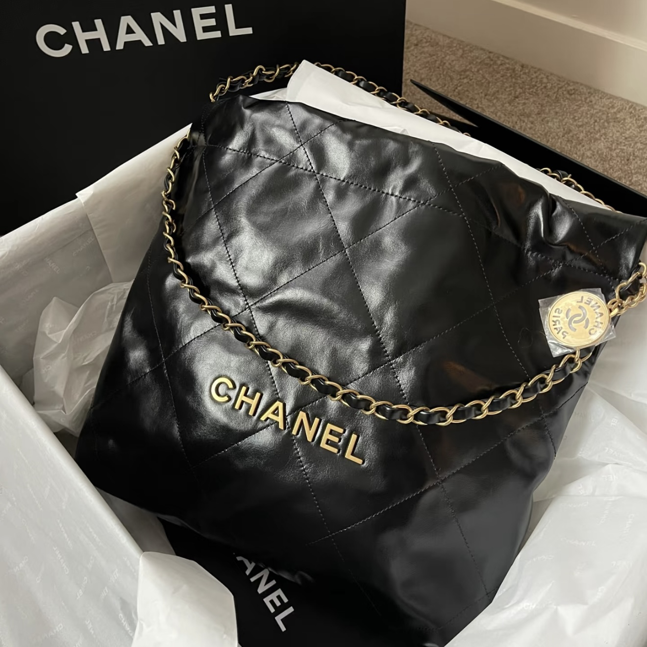 95新 Chanel/香奈儿 青奢荟/黑金色中号垃圾袋斜跨包/80019