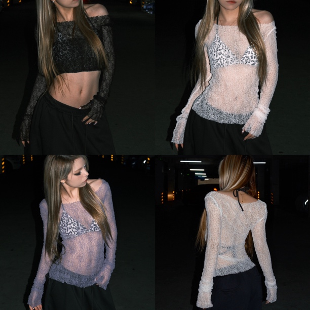 HXIEN蕾丝长袖性感镂空花纹衫爵士网纱打底衫修身内搭上衣