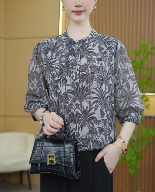 水墨竹林新款时髦洋气优雅气质小衫显瘦百搭衬衣女8541