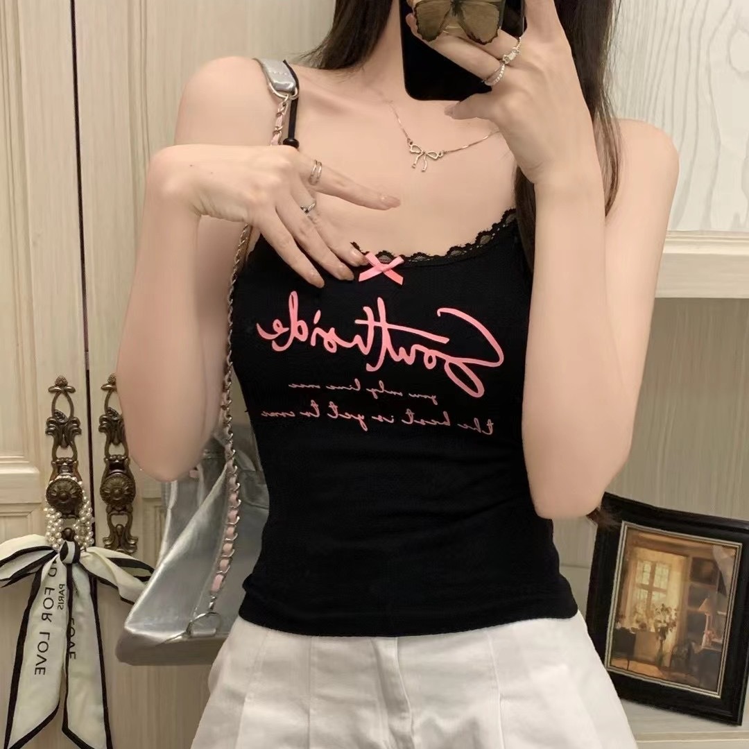甜酷风字母印花吊带女夏季新款外穿修身显瘦蕾丝背心短无袖通勤