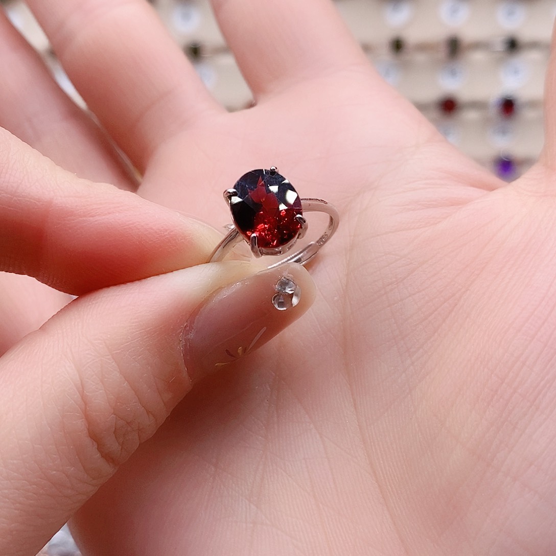 石榴石戒指银S925镶嵌戒指