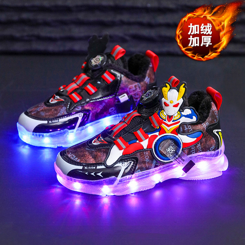 可充电七彩亮灯鞋赛罗奥特曼旋转纽扣加绒男女童儿童发光鞋运动鞋
