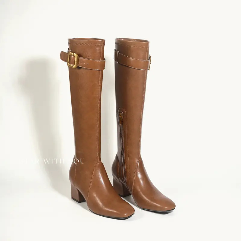 小众款英伦风气质复古方头皮带扣做旧长靴6cm