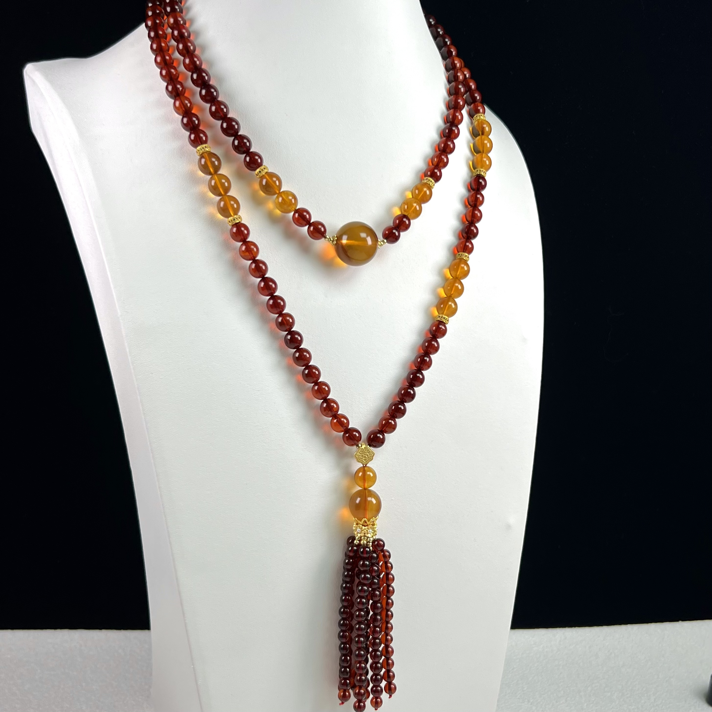 美创珠宝天然原矿琥珀无烤色无优化缅甸血珀8+mm设计款108长链