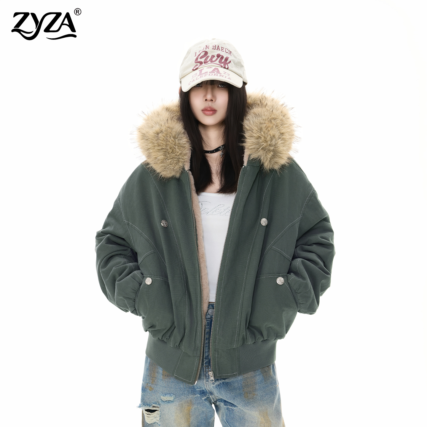 ZYZA美式复古座山雕毛领棉服女冬季派克服宽松加厚短款工装外套女