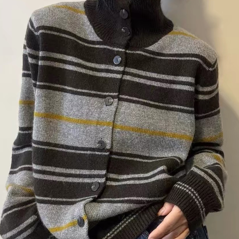邹先森9057-30冬款软糯条纹高领长袖针织开衫撞色