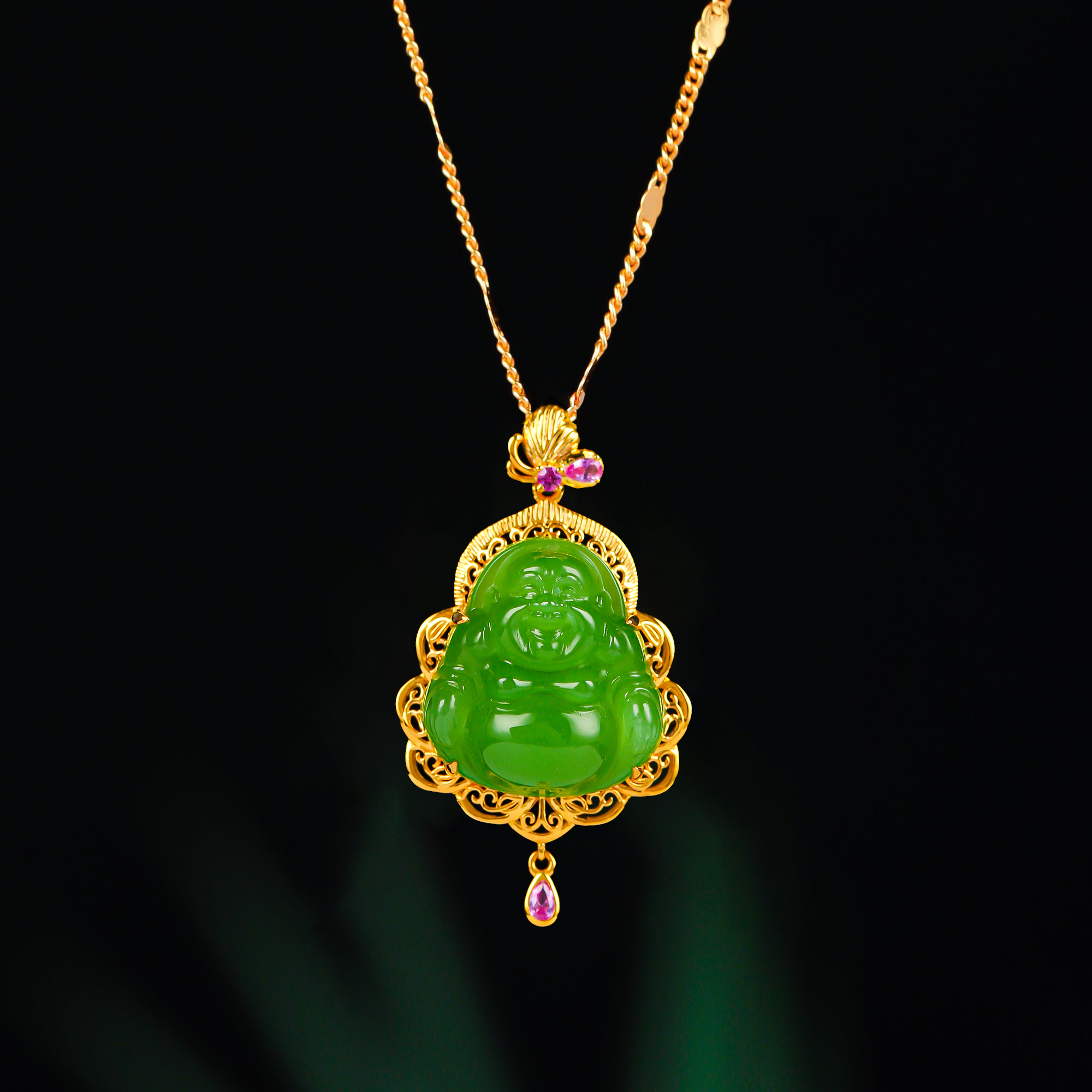 【高色】18K金蝴蝶镶嵌15*16mm苹果绿佛公吊坠HNZ11779