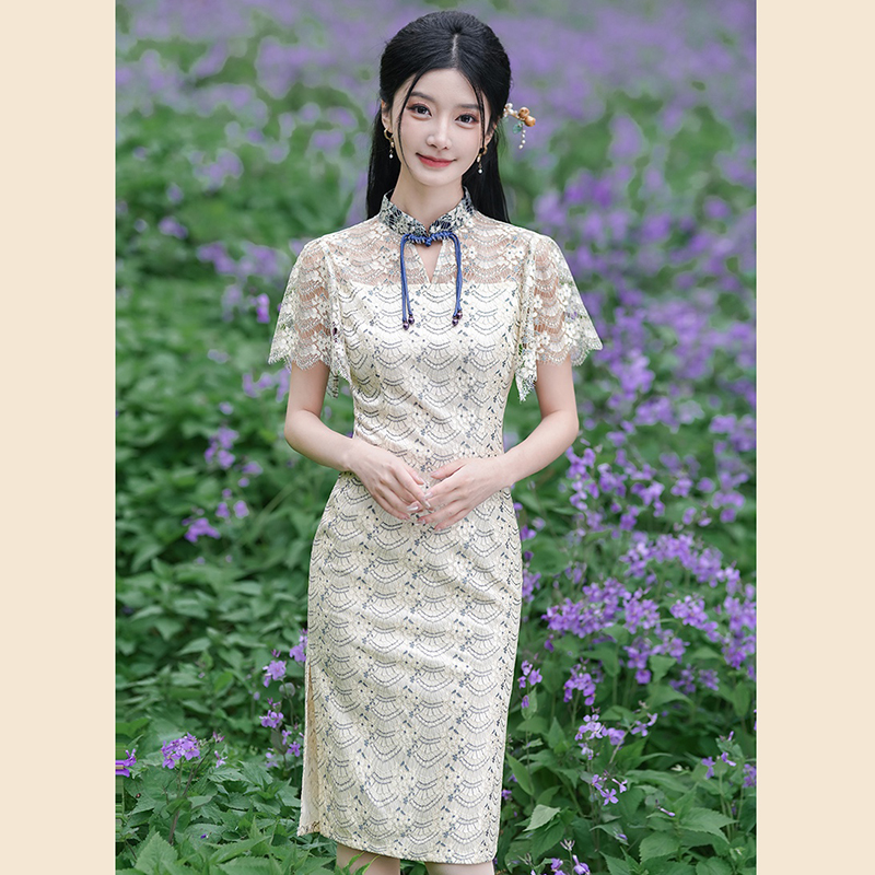 （1757）夏季中长裙长袖连衣裙小个子风旗袍裙中国风少女日常法式