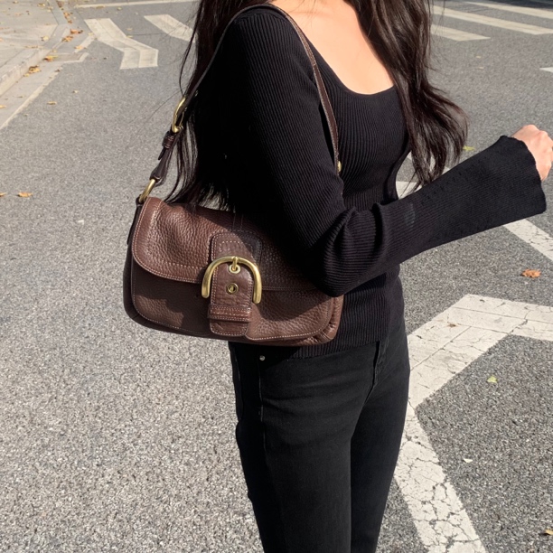 99新 COACH/蔻驰 Coach焦糖色荔枝纹纯牛皮金扣双兜豌豆单肩包