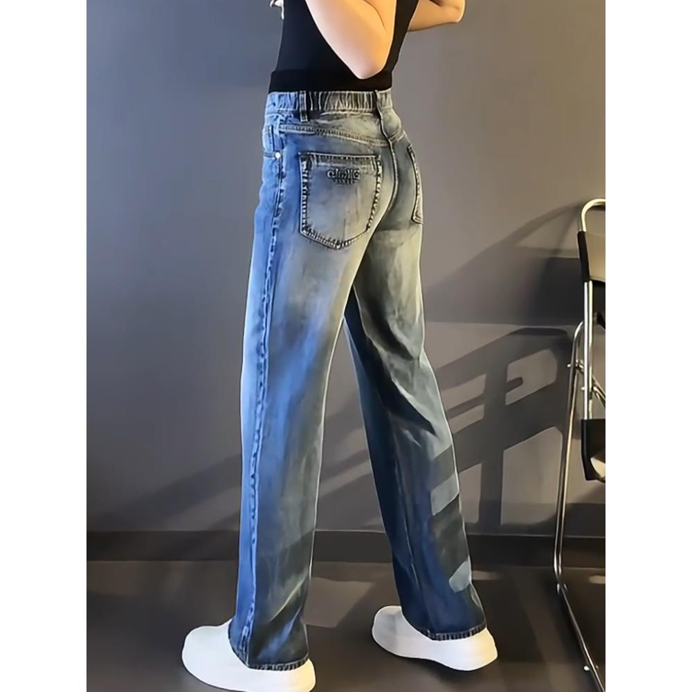 早秋软料男士牛仔裤男款潮牌时尚春秋新款直筒宽松个性阔腿裤长裤