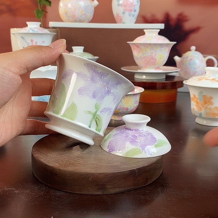 紫藤花釉盖碗釉下手绘高温