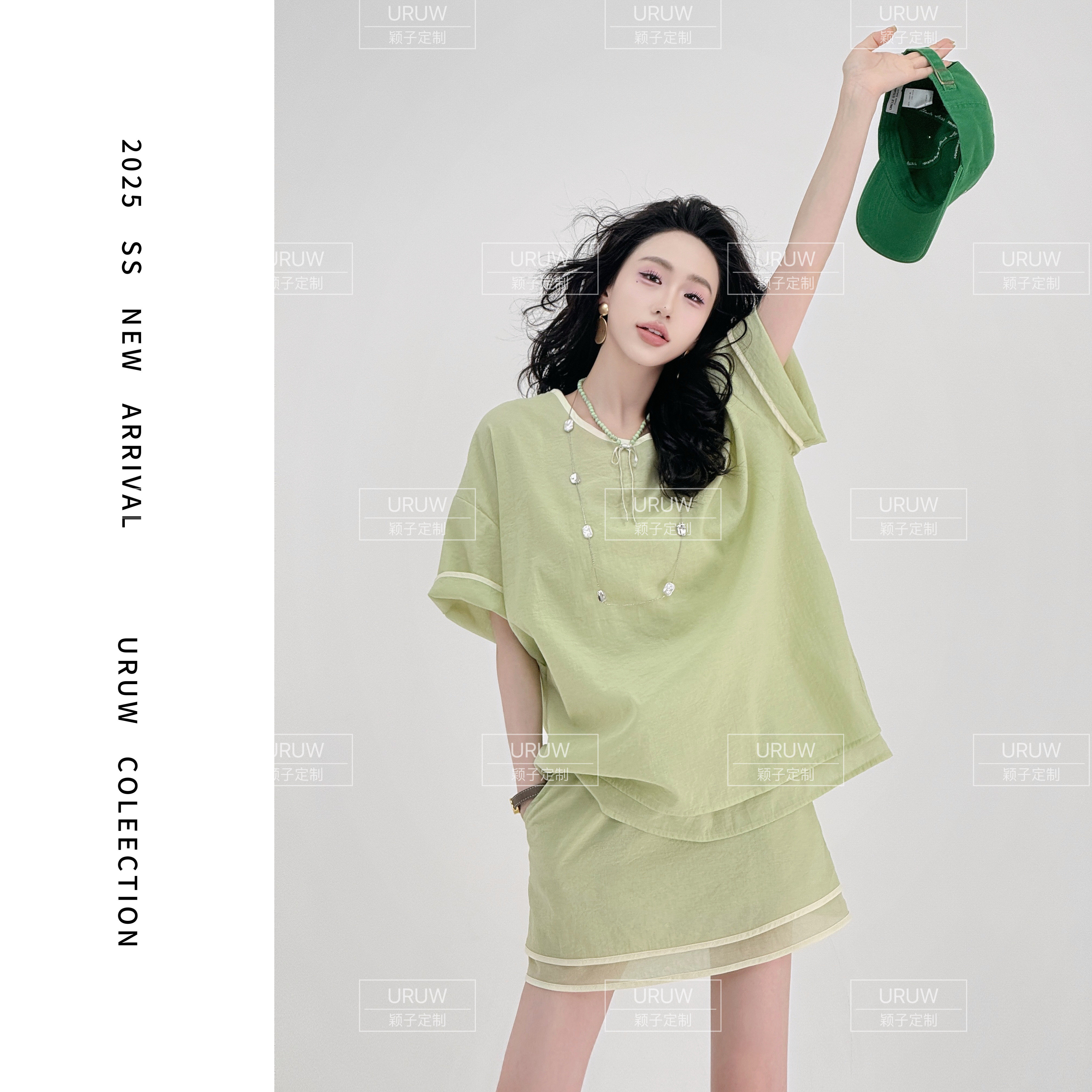 颖子定制【薄荷夏日】夏季休闲拼色圆领短袖T恤时尚A字高腰短裤9206