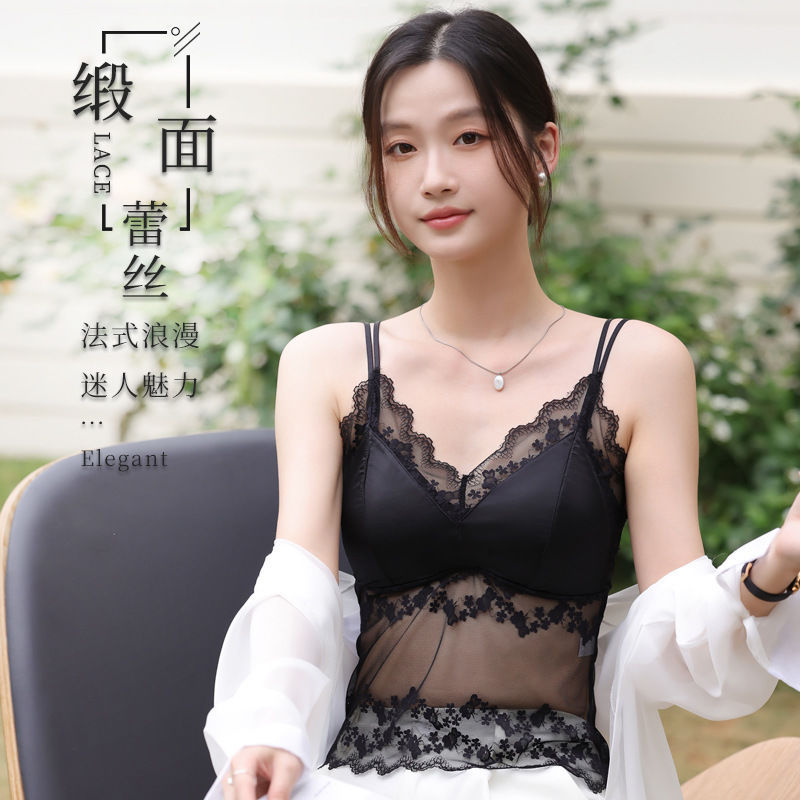 新款缎面拼接蕾丝吊带小背心内搭固定乳胶性感长款防走光美背内衣