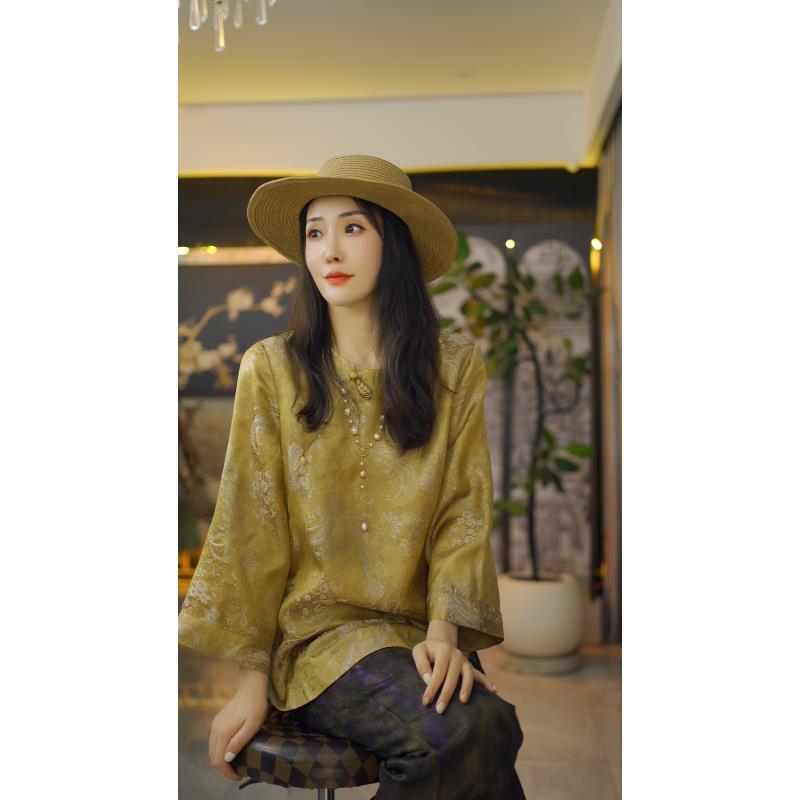 （千凡）国风连衣裙短袖老钱风复古提花上衣新中式