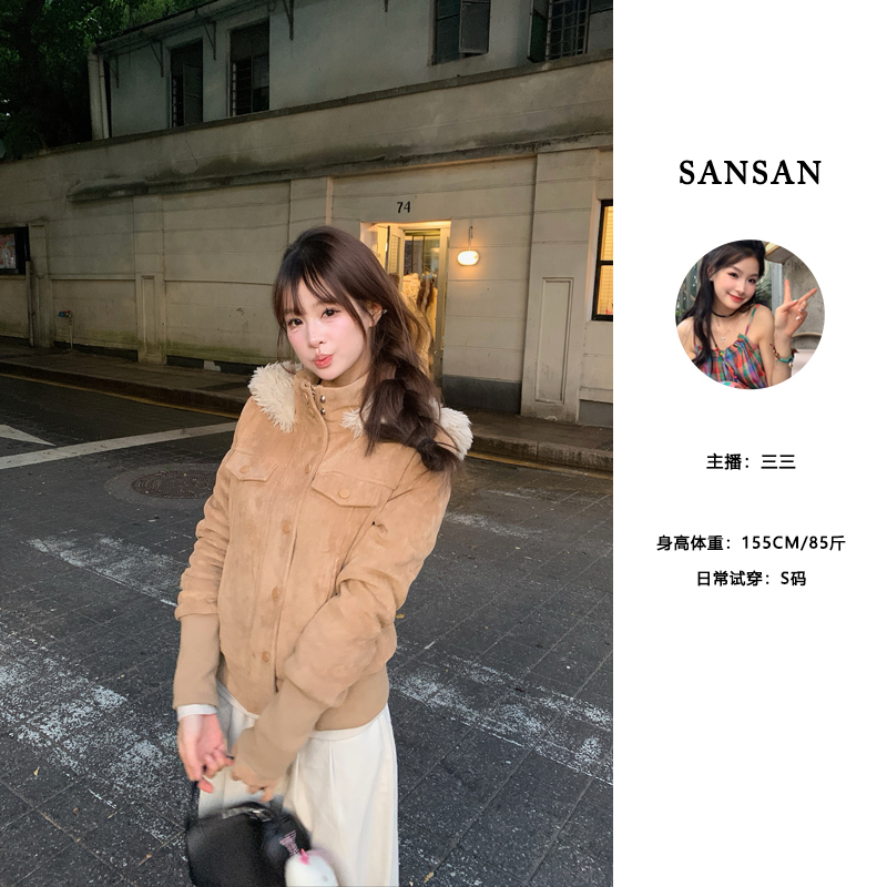 （全是绒！）修身麂皮连帽毛领短外套夹克保暖上衣女冬