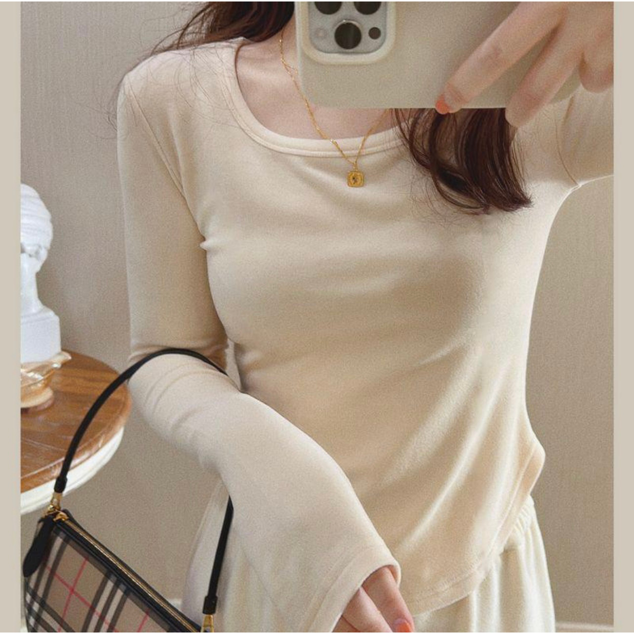 德绒杏色方领长袖T恤女辣妹修身显瘦短款上衣秋冬内搭短款打底衫