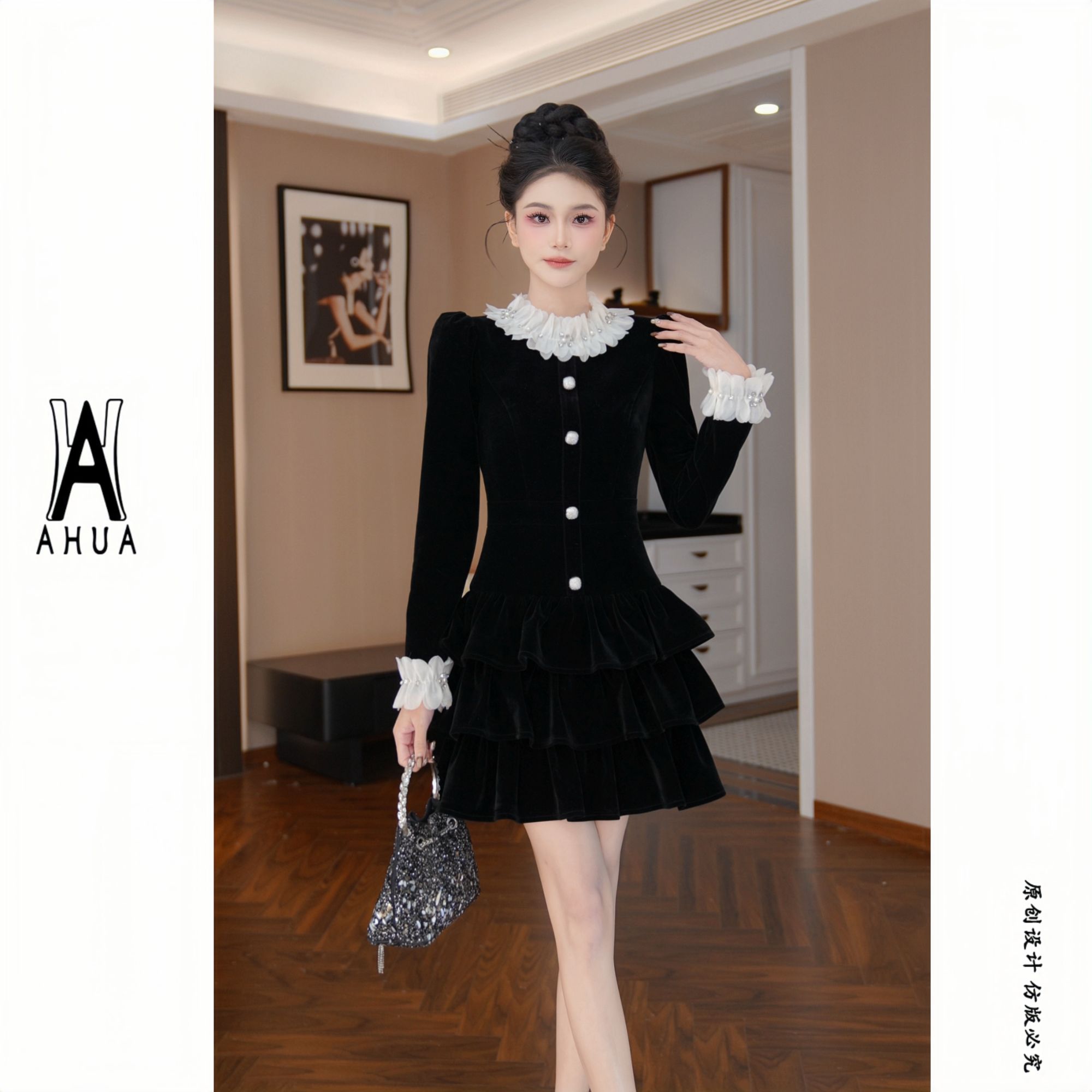 【花花原创】少女减龄风收腰长袖修身气质连衣裙显瘦名媛秋冬21995