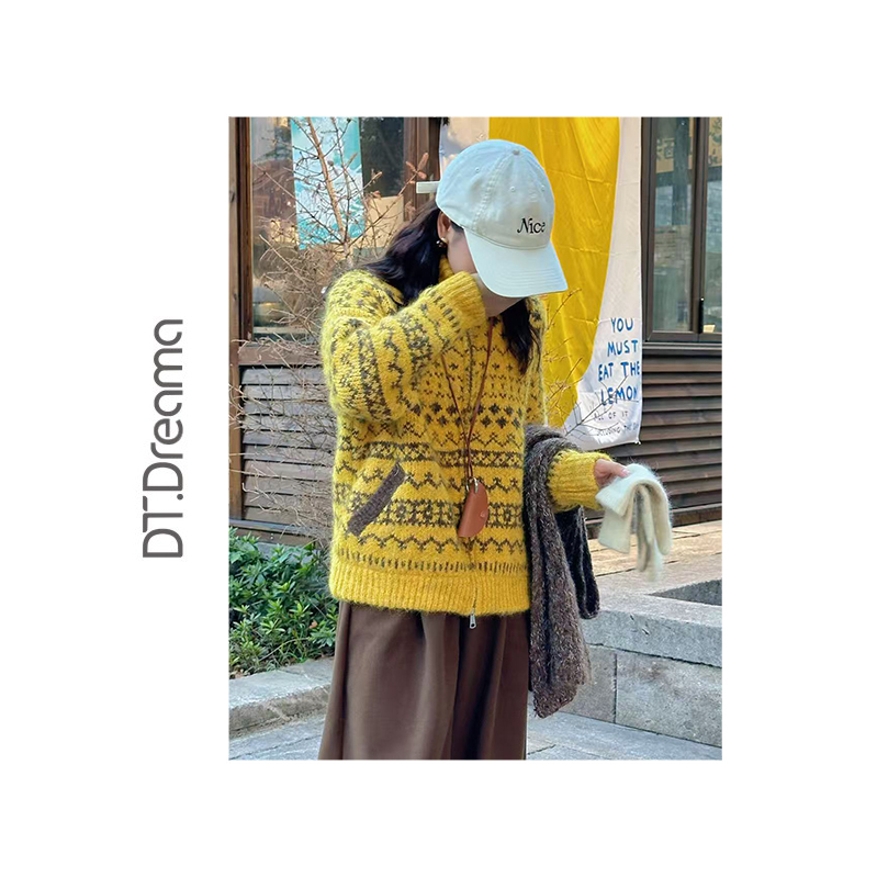 秋季2025新款韩系爱心立领针织开衫女宽松外穿慵懒风毛衣外套上衣