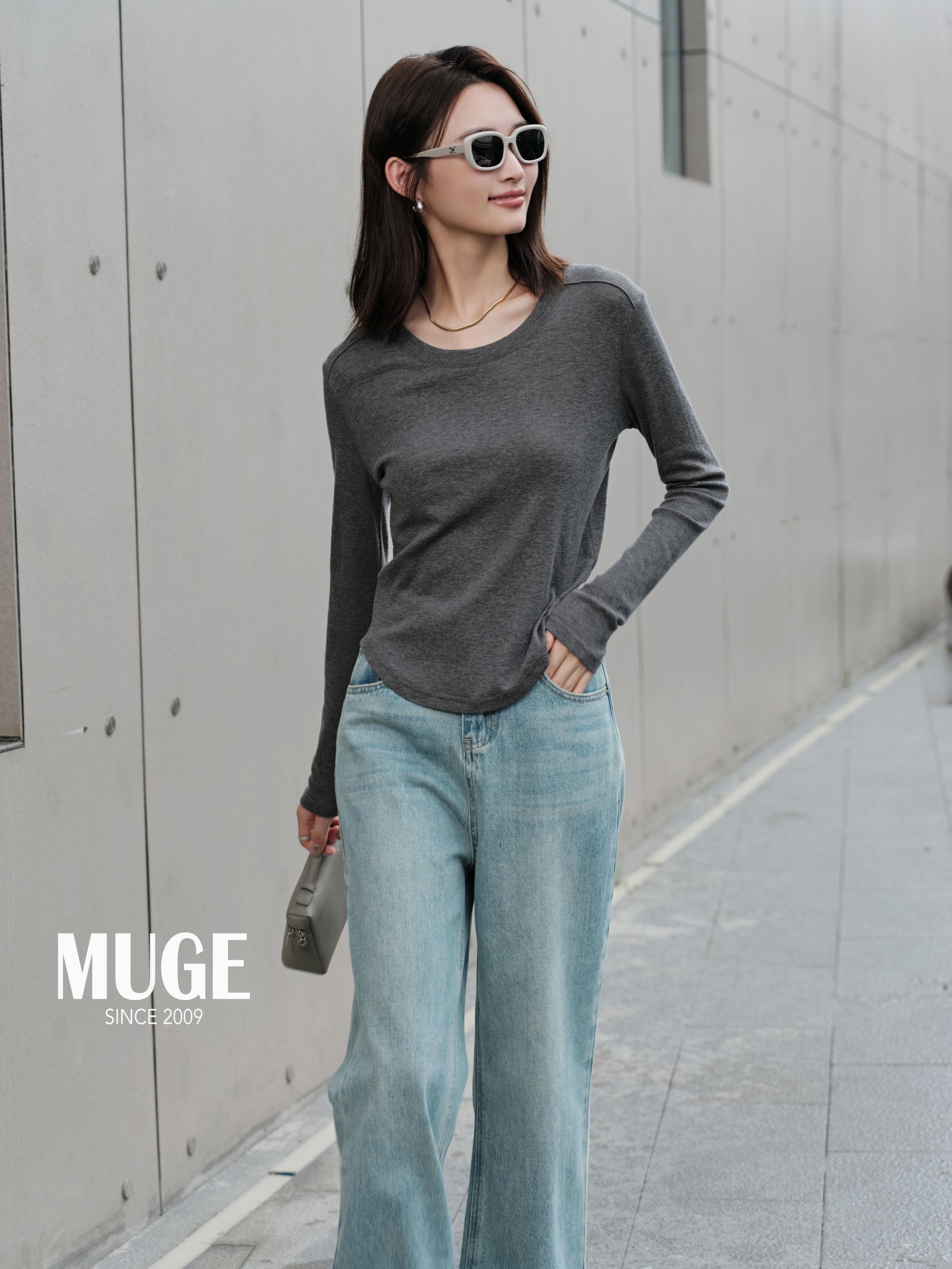 慕歌MUGE/长袖简约风圆领T恤针织内搭通勤风 311311
