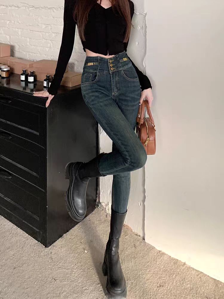 8713秋款高腰加绒高腰铅笔裤紧身百搭牛仔裤X