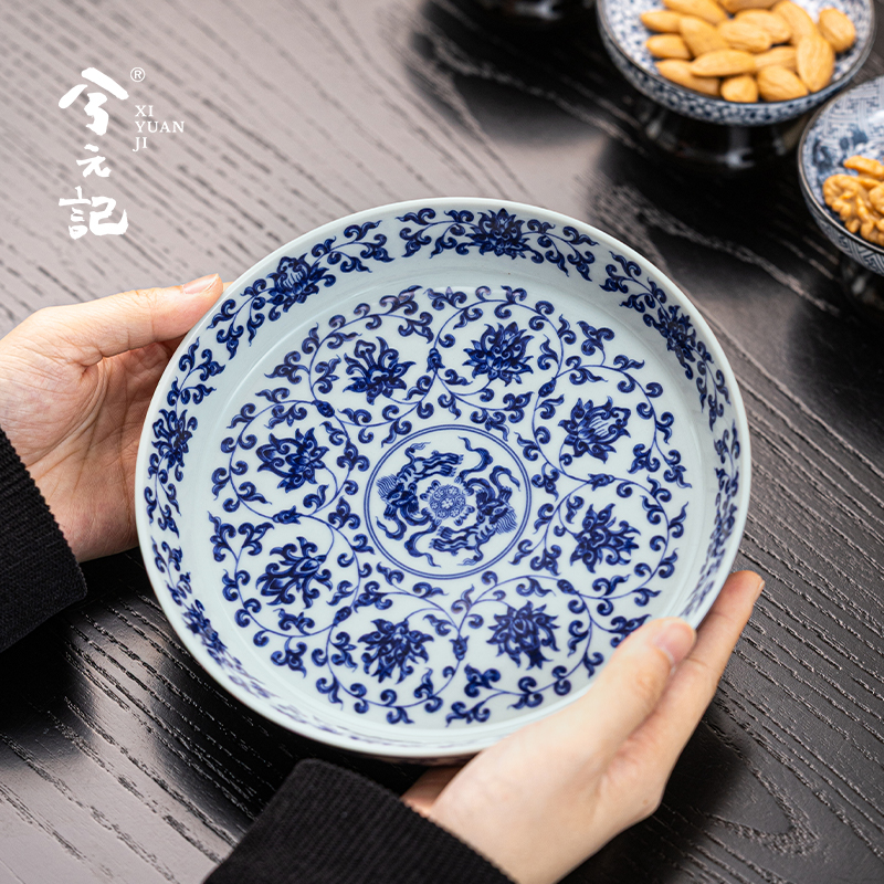 中式青花缠枝莲壶承干泡台陶瓷茶承壶托壶垫养壶盘水果盘茶具配件