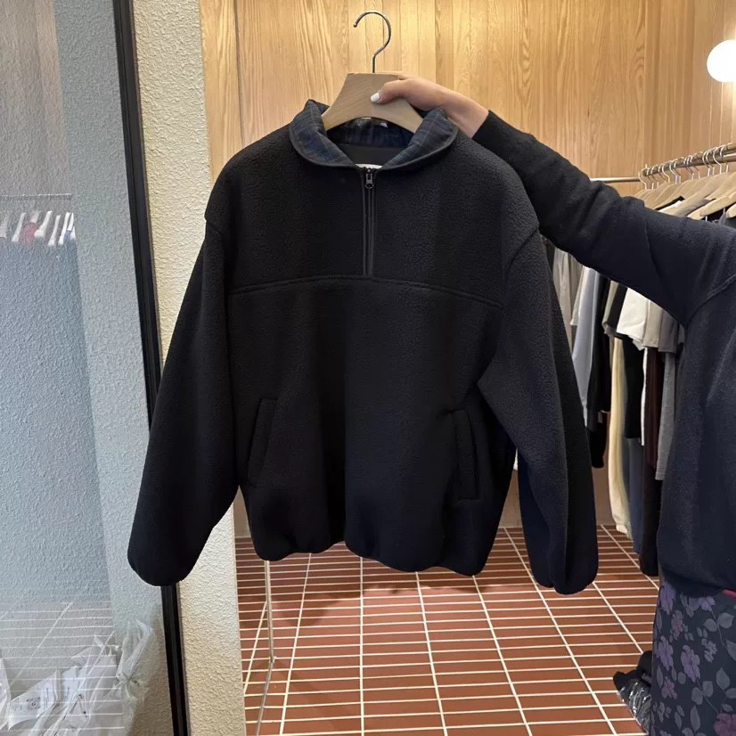 韩国东大门CHOI洋气格子翻领半拉链绒面宽松卫衣