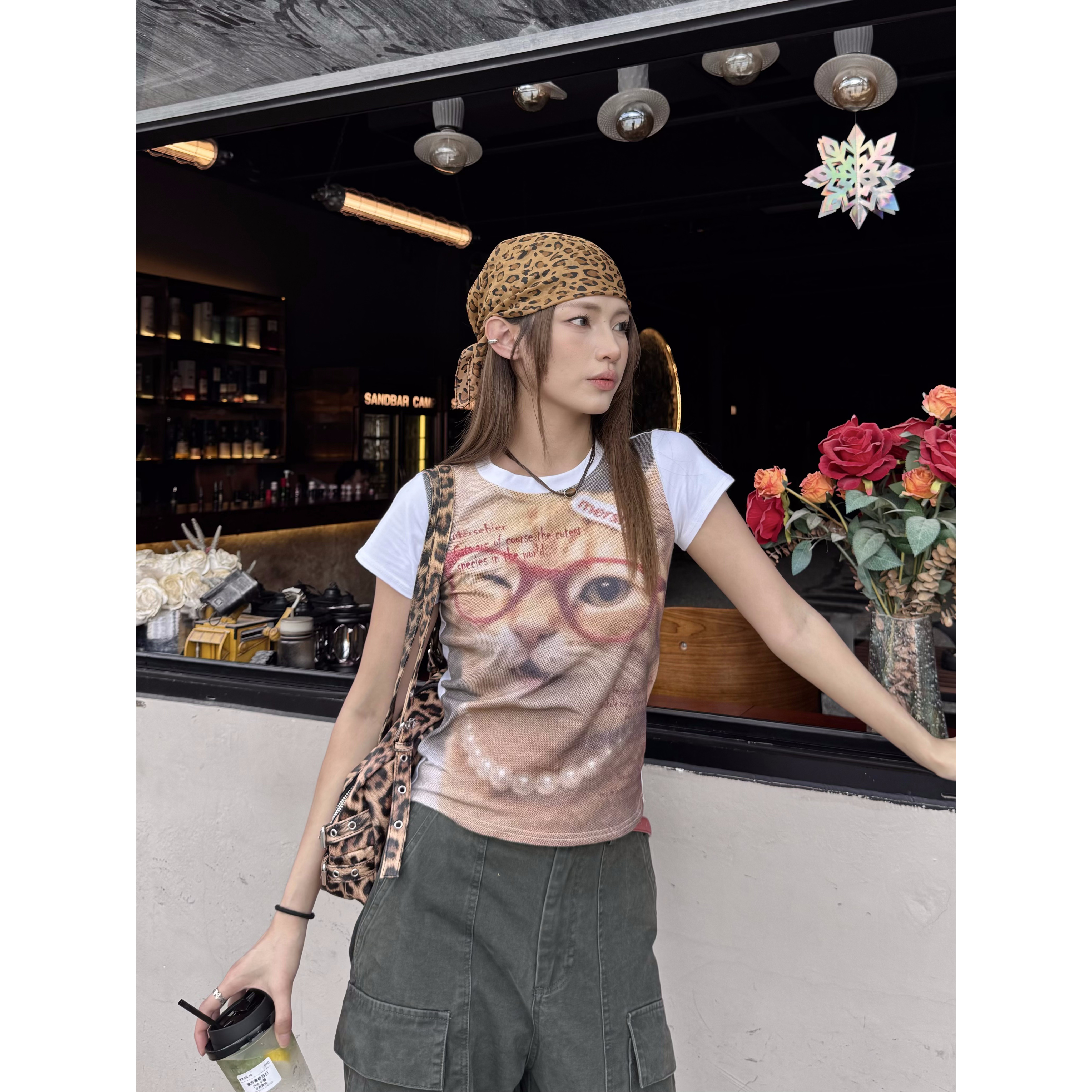 XFX原创美式复古猫咪印花短袖T恤女夏季修身正肩设计感高街上衣潮