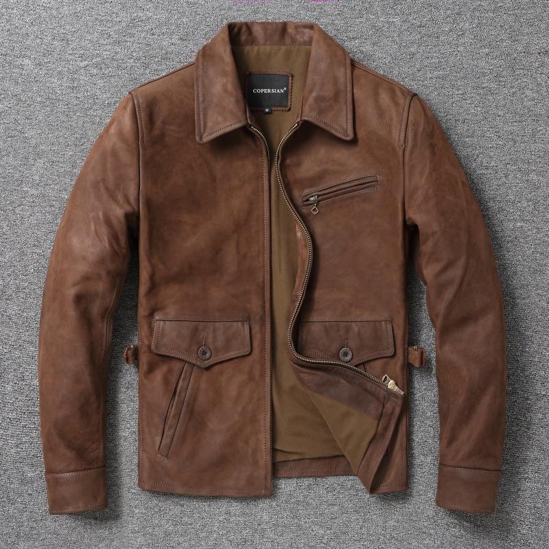 张学友短款翻领阿美咔叽真皮夹克复古油磨无涂头层软牛皮皮衣男