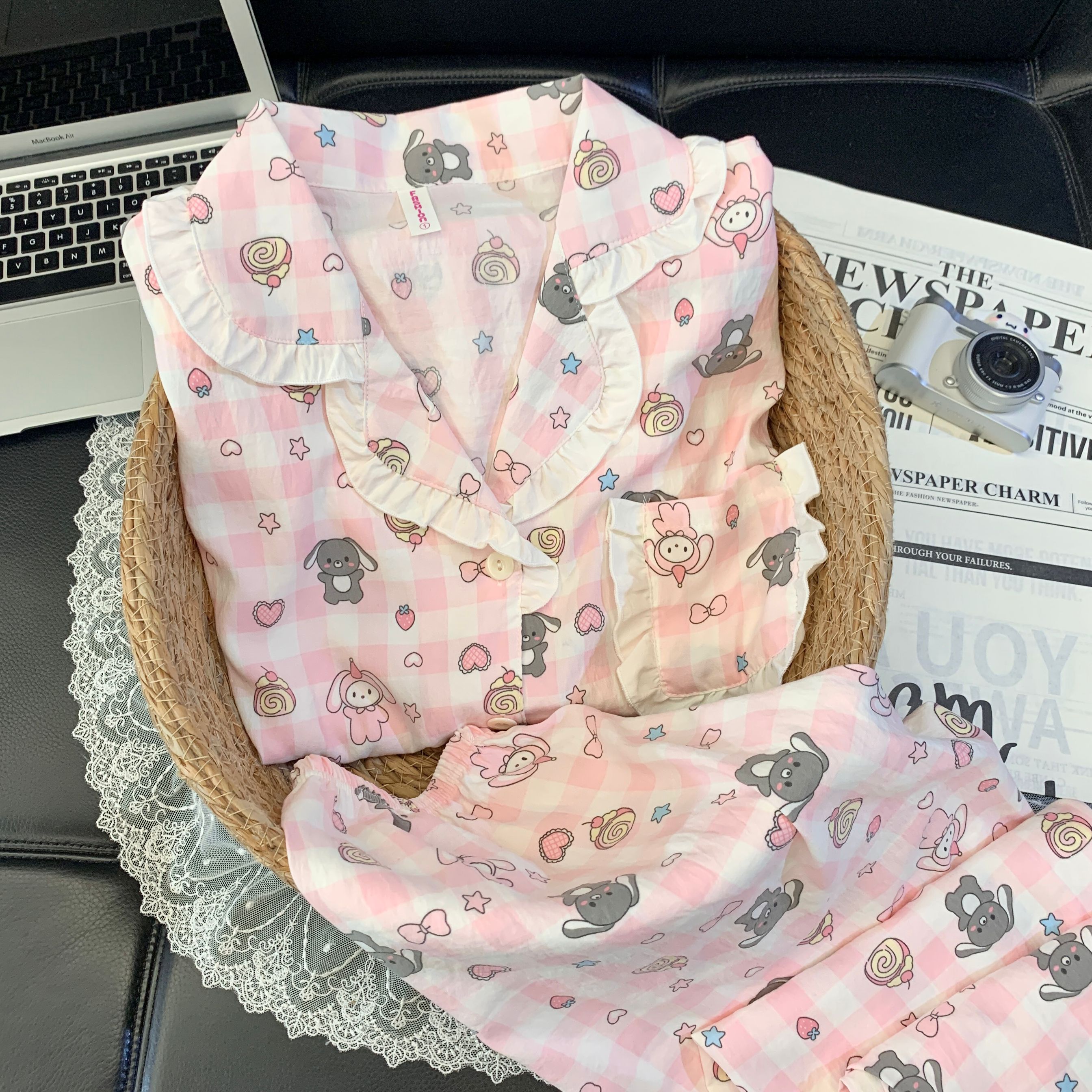 【长袖花边粉大耳兔】春秋可爱卡通睡衣套装女韩版家居服套装