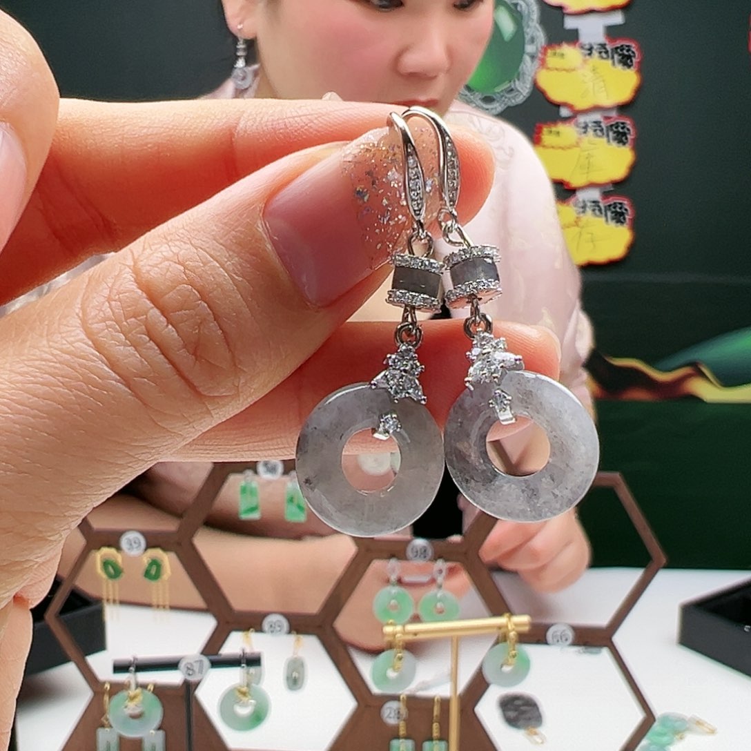 翡翠耳饰银S925镶嵌天然翡翠耳饰银s925镶嵌