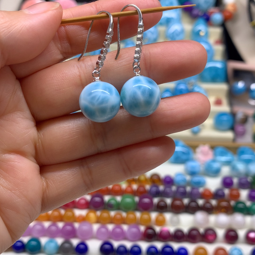 针钠钙石（海纹石）银S925镶嵌耳饰