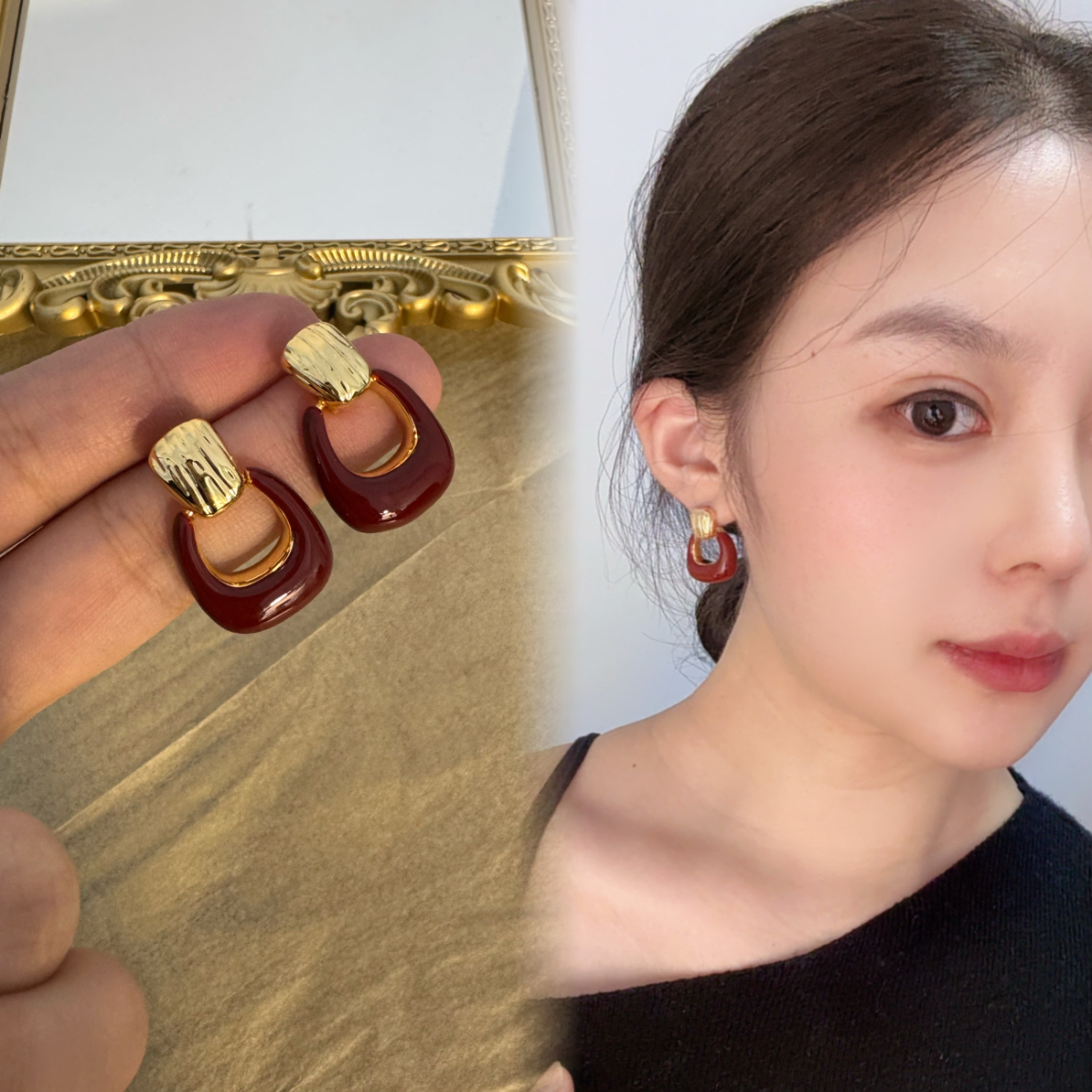 铜合金耳饰 【酒红韵味】女人味轻奢高端滴釉百搭气质极简耳环 A72