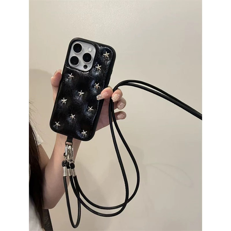 创意黑色满屏星星适用苹果16ProMax手机壳iphone16新款15斜跨挂绳