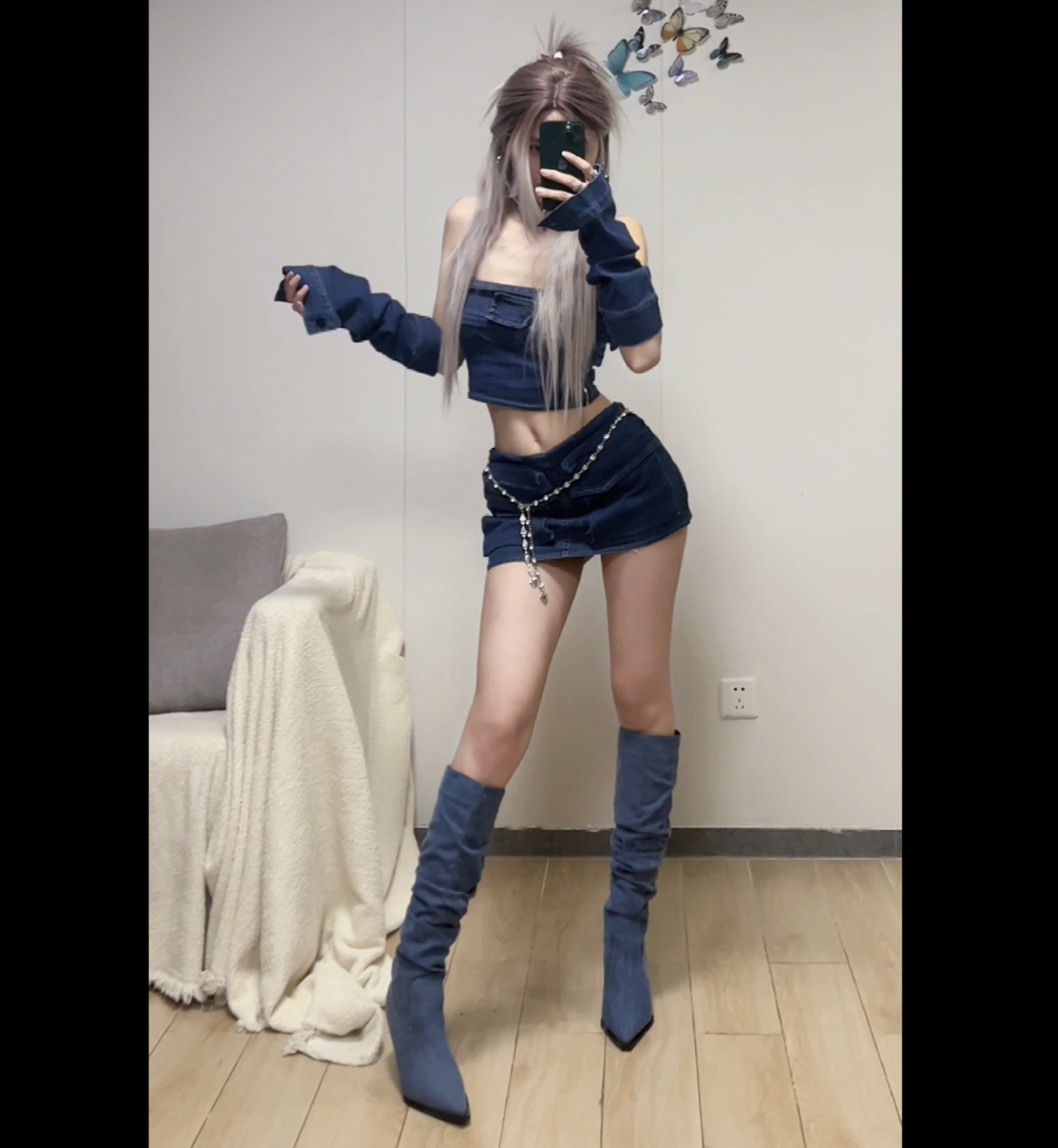 【Ann】“牛仔街区”辣妹牛仔抹胸袖套半身裙三件套套装