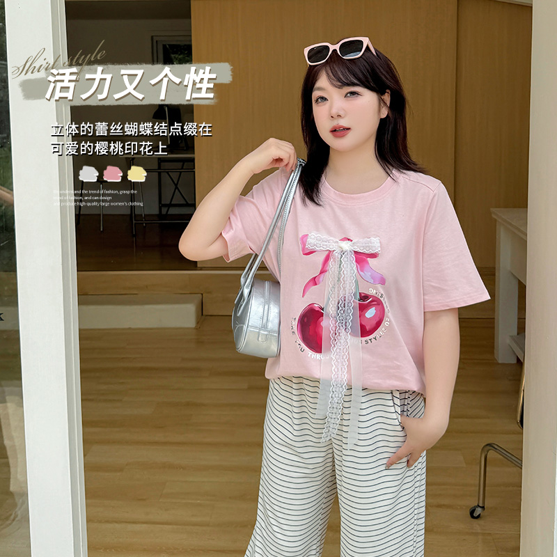【涵胖胖 】9清时尚休闲夏季大码女装蝴蝶结樱桃印花短袖T恤-8938
